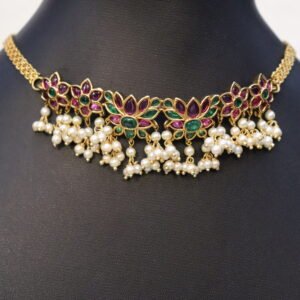SWA55-Lotus neckpiece with pearl hangings